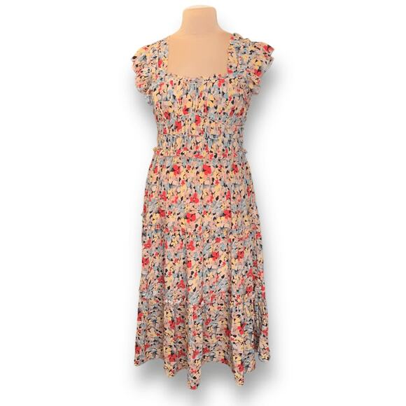 Sea New York Ensley Flutter Sleeve Silk Floral Midi Dress Yellow Ruffle Large - Picture 14 of 15